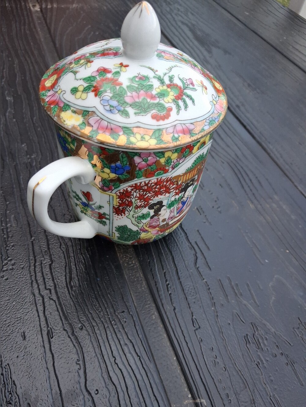 Floral Asian-Style Porcelain Lidded Mug in Multicolor